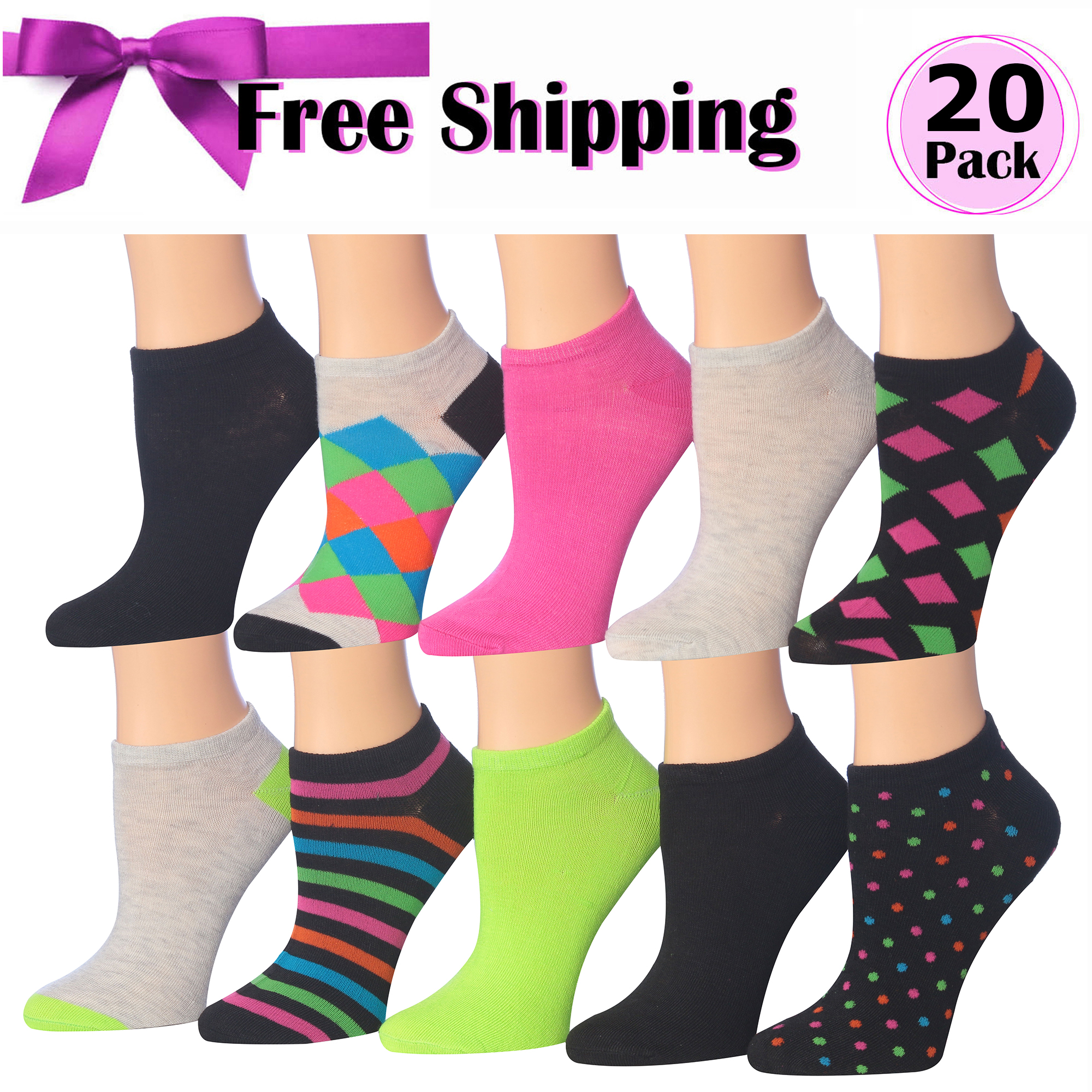 Tipi Toe Kids Girls 20 Pairs Colorful Lightweight Low Cut/No Show Socks 